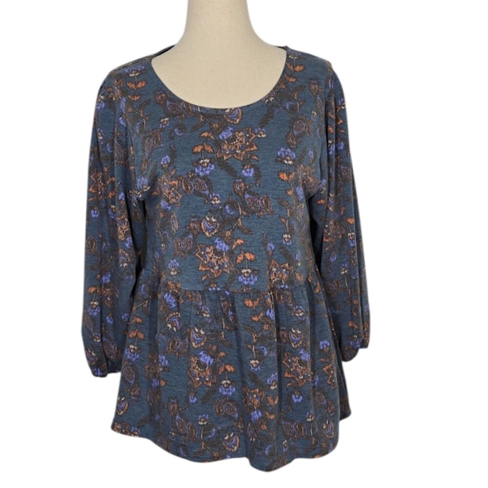 BOBEAU Floral Babydoll Peplum Top Size S | Blue Brown Long Sleeve Boho NWOT